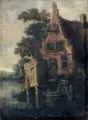 Cornelis Gerritszoon Decker, Cornelis Gerritsz. Decker (Kopie nach), Flusslandschaft mit einem Bauernhaus. Wohl frühes 18. Jh, Öl auf Holz, aus zwei horizontal gefügten Tafeln bestehend (verso alte Leinwandkaschierung an der Fuge)