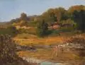 Albert Arnz, Sommerliche Auenlandschaft. Mitte 19. Jh, Öl auf Papier, vollflächig auf Holz kaschiert