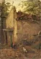 Carl Jutz, Hühner vor einem Stall, 1877, Öl auf Leinwand, auf leinwandkaschierter Malpappe maroufliert