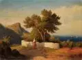 F. Rönisch, Bauernhäuser am Weiher / Mediterrane Landschaft. Wohl um 1880, Öl auf Holz