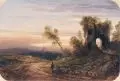 Gabriel Hippolyte Lebas, Ideallandschaft mit Ruine und rastenden Wanderern, 1869, Aquarell, partiell eiweißgehöht, auf Papier