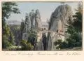 Johann Carl August Richter, Die neue Verbindungs- Brücke von Alt- und Neu- Rathen, Um 1830, Umrissradierung, altkoloriert, auf Bütten