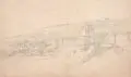 Eduard Sonntag, Ansicht einer Stadt am Fluss. Wohl Mitte 19. Jh, Bleistiftzeichnung auf bräunlichem Papier