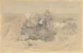 Richard Benno Adam, Kampierende ungarische Honvéd Husaren, 1915, Bleistiftzeichnung und farbige Kreide, sparsam weiß gehöht, auf hellbraunem Papier