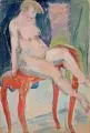 Hubert Rüther, Schwangerer Akt auf einem Rokoko-Tisch, 1914, Gouache auf bräunlichem Papier