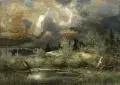 Eduard Emil August Leonhardi, Aufsteigendes Gewitter in sumpfiger Ebene, 1894, Öl auf Holz, Bildträger aus zwei Holzplatten mittels horizontal verlaufender Federverbindung zusammengefügt sowie verso parkettiert