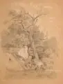 Theodor Hosemann, Landschaft mit rastenden Wanderern, 1851, Bleistiftzeichnung auf braunem Papier, partiell weiß gehöht