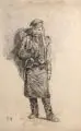 Albert Ernst Mühlig, Lastenträger, 1889, Bleistiftzeichnung auf festem Papier mit Trockenstempel mit ligiertem Monogramm "AHS" (?)