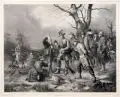 Heinrich Mützel, Jagdgesellschaft des Prinzen Friedrich von Preußen, 1840, Lithografie auf China, auf Untersatzkarton aufgewalzt, mit Trockenstempel