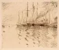 Emil Nolde, Schiffe im Hafen, Flensburg, 1907, Kaltnadelradierung in Braun mit leichtem Plattenton auf Bütten