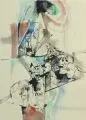 Gunter Böhmer, Komposition mit Figuren, Hund und Architektur. Wohl Mitte 1970er Jahre, Feder- und Pinselzeichnung in Tusche, aquarelliert, auf feinem Maschinenbütten