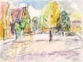 Ernst Hassebrauk, Dorfplatz in Golberode (?), Um 1960, Farbige Kreidezeichnung auf gelblichem Papier