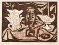 Hans Jüchser, Stilleben mit afrikanischer Maske, 1969, Farbholzschnitt auf Maschinenbütten
