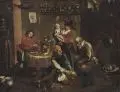 David Teniers d.J., (Nachfolger), Behandlung eines Fußkranken in einer Baderstube. Wohl spätes 17. Jh, Öl auf grober Leinwand