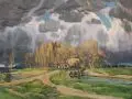 Adolf Hans Müller, Pfälzische Landschaft mit Fuhrwerk. Wohl 1920er/1930er Jahre, Öl auf Leinwand