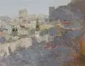 Gerald Müller-Simon, Bulgarische Stadt, 1988, Öl auf Hartfaser