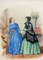 Héloïse Colin, Modedarstellung – Zwei junge Damen im Salon. 19. Jh, Aquarellierte Federzeichnung auf Papier