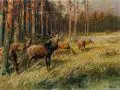 Emil Rieck, Waldlichtung mit Rothirsch und Hirschkühen. Anfang 20. Jh, Öl auf Leinwand