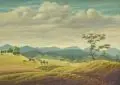 Karl Godeg, Blick aus der Gegend von Regen auf die Gebirgskette des Bayrischen Waldes, 1947, Öl auf Leinwand