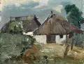 Carl Hinrichs, Reetgedeckte Häuser an der Ostsee. 1970er Jahre, Öl auf Hartfaser