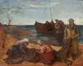 P. Koch, Fischer beim Einholen der Netze im Morgengrauen, 1952, Öl auf Hartfaser
