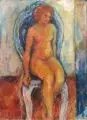 Elly Reichel, Weiblicher Akt auf blauem Stuhl, 1973, Öl auf Rupfen