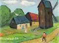 Paul Schultz-Liebisch, Bauernhof mit Mühle und Hühnerfrau im Spreewald, 1994, Öl auf Hartfaser