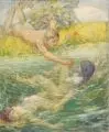 Emil Gustav Adolph Glöckner, Am Weiher, Gouache über Pastellkreide auf grundiertem Papier, auf Karton kaschiert