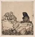 Emil Orlík, Drei Bäuerinnen im Gespräch – Am Sonntag (Böhmen), 1905, Radierung mit Plattenton in Schwarzbraun auf Bütten