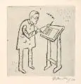 Herbert Sandberg, Brecht am Pult / Neujahrsgruß 1964 / Neujahrsgruß 1974/75. 1960er und 1970er Jahre, Verschiedene Drucktechniken. a) Radierung mit Plattenton auf kräftigem Papier