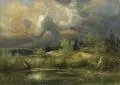 Eduard Emil August Leonhardi, Aufsteigendes Gewitter in sumpfiger Ebene, 1894, Öl auf Holz, Bildträger aus zwei Holzplatten mittels horizontal verlaufender Federverbindung zusammengefügt sowie verso parkettiert