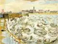 Erhard Hippold, Warnemünde - Blick auf den Hafen, 1958, Öl auf Papier, auf Hartfaser kaschiert und auf eine Sperrholzplatte klebemontiert