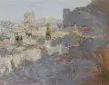 Gerald Müller-Simon, Bulgarische Stadt, 1988, Öl auf Hartfaser