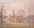 Horst Saupe, Dresden - Gärten der Lingnerstadt mit Blick auf den Rathausturm und die Kreuzkirche, 1943, Öl auf Leinwand
