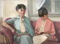 Paul Wilhelm, Zwei Damen auf dem Sofa (Marion mit ihrem Patenkind ?) . Wohl 1930er Jahre, Öl auf Leinwand