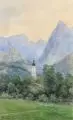 Dorfkirche in den Alpen (Zugspitzmassiv?) by Eduard Emil August Leonhardi, 1895, Aquarell auf kräftigem Papier, offered Dec 2019