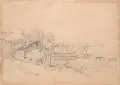 Adolph Heinrich Lier, (zugeschr.), Fischerhütten am Chiemsee. 3. Viertel 19. Jh, Bleistiftzeichnung auf kräftigem Papier