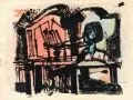 Joachim Heuer, Stilleben mit Büste / Watussirind. Ohne Jahr/1956, Monotypie, aquarelliert / Rohrfederzeichnung