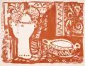 Norbert Hornig, Glas mit Zierfischen/Weiblicher Kopf vor Interieur, 1968/1969, Farblithografien auf festem Papier
