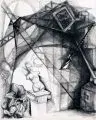 Elly Reichel, Technik bedroht die Musen, 1965, Feder- und Pinselzeichnung in Tusche