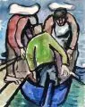 Heinz Tetzner, Drei Fischer steigen in das Boot. 2. H. 20. Jh, Pinselzeichnung in Tusche und Aquarell auf "Hahnemühle"-Bütten