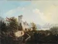 Johann Gottfried Döpel, (zugeschr.), Gebirgslandschaft mit Burgruine und Reiter, 1885, Öl auf Leinwand