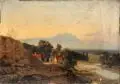 Franz Reder Broili, Alpenländischer Steinbruch am Dorfrand im Abendlicht. Spätes 19. Jh, Öl auf Leinwand