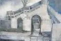 Wolfgang Korn, Aufgang zur Brücke in Pirna, 1996, Farbmonotypie auf Spanplatte (Holzleistenrahmen, recto und verso mit aufgeleimter dünner Spanplatte)