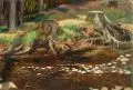 Georg Rassau, An der Briesnitz. Baumstämme., Um 1900, Öl auf Leinwand, auf Karton aufgezogen