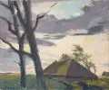 Hans Trimborn, Bauernkate hinter Bäumen, Um 1949, Öl auf Malpappe