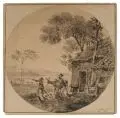 (zugeschr.), Bauernkate mit Bauern und Esel. Wohl 3. Viertel 17. Jh by Aernout ter Himpel, Pinselzeichnung in Tusche, vollflächig auf Untersatzkarton montiert, dieser im Passepartout montiert, offered Sep 2019