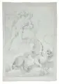 Charles Francois Hutin, (Umkreis?), Apollo tötet den Python. Wohl 2. H. 18. Jh, Kohlestiftzeichnung auf bläulichem Bütten mit Wasserzeichen (Lilie)