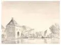Paulus van Liender, (Umkreis?), Holländische Stadtansicht mit Zugbrücke. Wohl 2. H. 18. Jh, Feder- und Pinselzeichnung in Tusche auf Bütten mit angeschnittenem Wasserzeichen am u