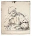 Adriaen van Ostade, (nach), Halbfigur eines sitzenden Mannes von vorn. Wohl 18. Jh, Federzeichnung in schwarzer Tinte, grau laviert
